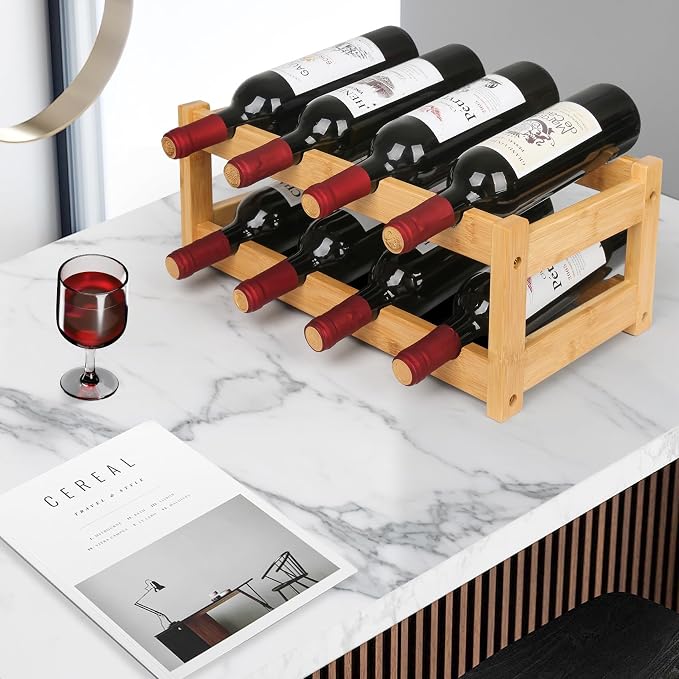 VASMIA Wine Rack, 2-Tier Bamboo Wine Racks Countertop Cabinet Wine Holder Wine - Image 4