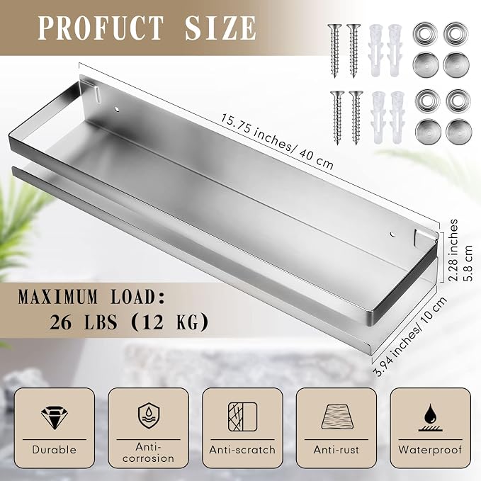 Lallisa 2 Pieces Stainless Steel Shelf Bathroom Shower Floating Shelves Wall - Image 3