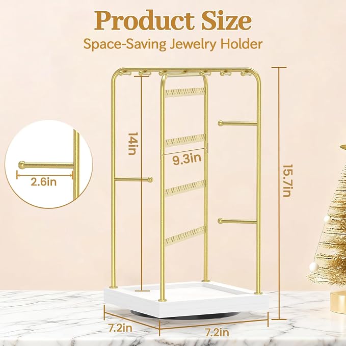 MODOWEY Earring Necklace Holder Organizer Wood Rotating Jewelry Tree, Spinning - Image 6