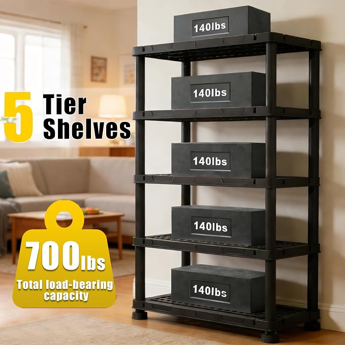 72”H Plastic Garage Storage Shelves, 5-Tier Heavy Duty Plastic Shelving - Image 6