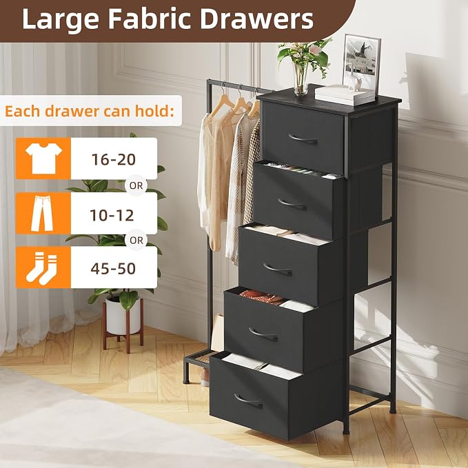 Somdot Dresser with Hanging Rack, 5 Drawers Small Closet - Image 5