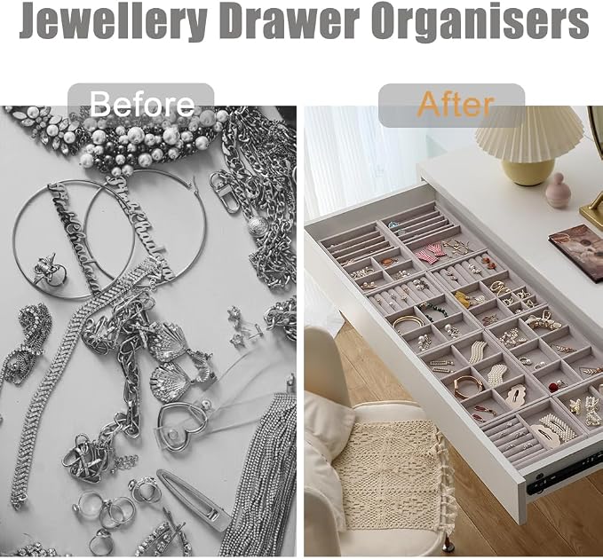 10 Pack Jewelry Organizer Tray Drawer Inserts Stackable Velvet Liner Dividers - Image 4