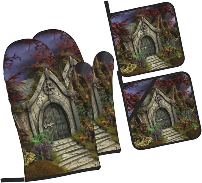 Gothic Fairy Garden Oven Mitts and Pot Holders Sets of 4 Heat Resistant Non - Image 8