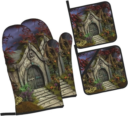 Gothic Fairy Garden Oven Mitts and Pot Holders Sets of 4 Heat Resistant Non - Image 8