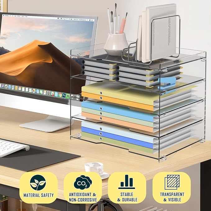 KKU 5 Tier Clear Acrylic Desk Organizer, Letter Tray Paper File Desk Organizer - Image 6