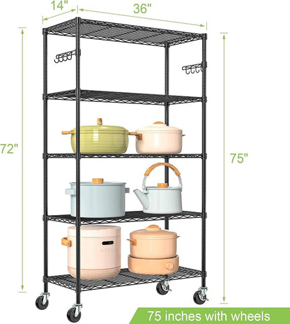 5 Tier Wire Metal Shelving Rack Garage Storage Rolling Shelves - Image 3