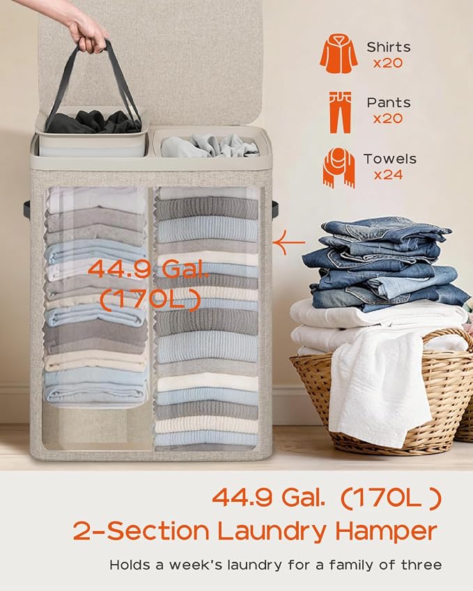 CASAMAYA Laundry Basket with Lid, Laundry Hamper 2 Section, 170L collapsible - Image 3