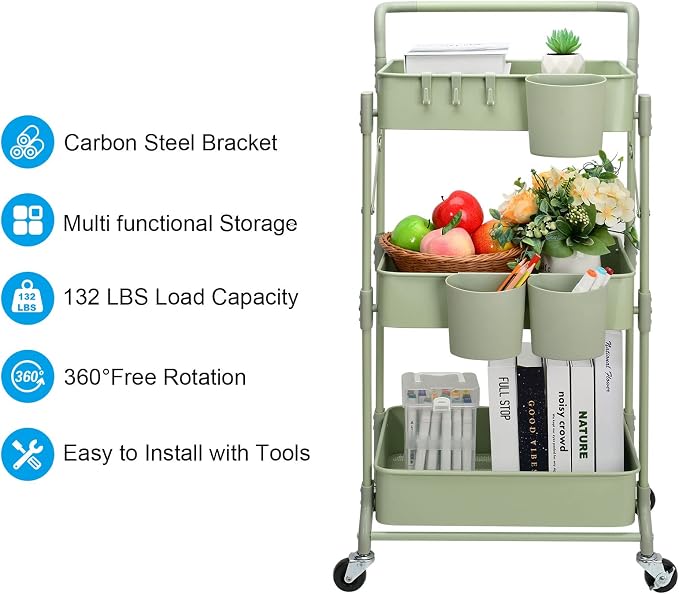 Foldable 3 Tier Rolling Cart, Metal Utility Cart, Folding Mobile Multi-Function - Image 3