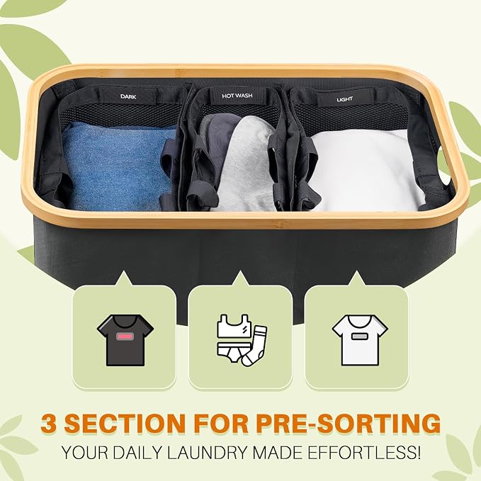 160L Laundry Hamper with Lid, 3 Section Laundry Basket with 3 Removable Bag | - Image 3