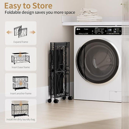 Laundry Hamper with 3 Section, Large 180L Rolling Laundry Basket with Wheels - Image 3