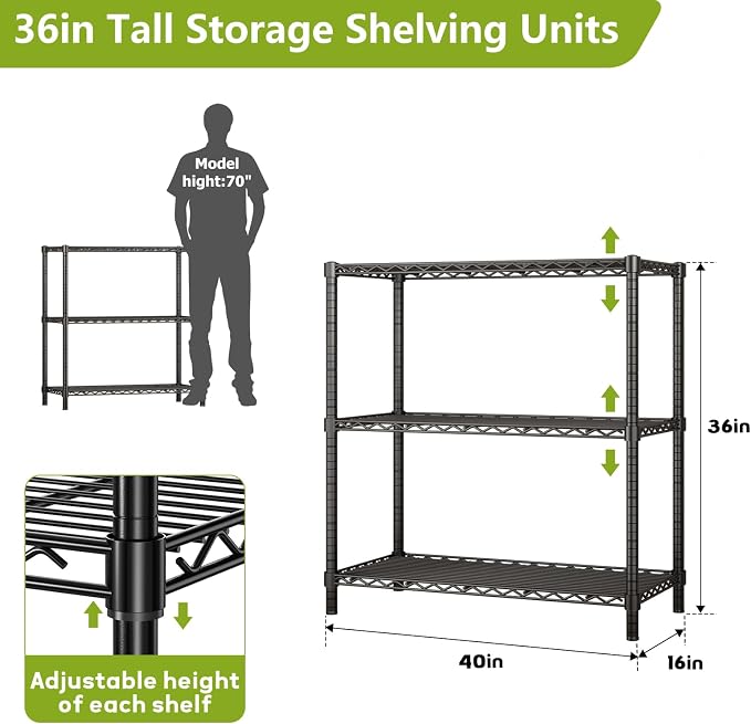 Storage Shelves, 3-Tier Adjustable Metal Industrial Utility Shelf Rack - Image 3