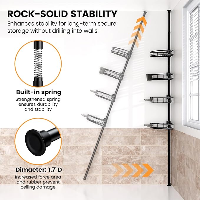 Tension Pole Shower Caddy Corner: Adjustable 4-Tier Bathroom Organizer Shelves - Image 6