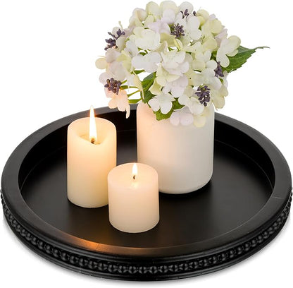 Hanobe Round Black Tray for Coffee Table, Beaded Edge | 11.8-inch wood tray for by Hanobe