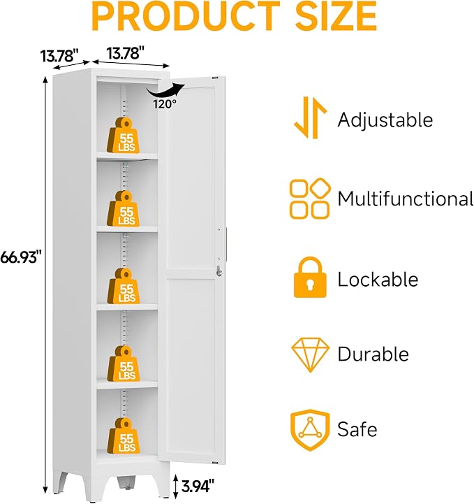 67"H White Metal Locker with 1 Lockable Door and 4 Adjustable Shelves - Image 3