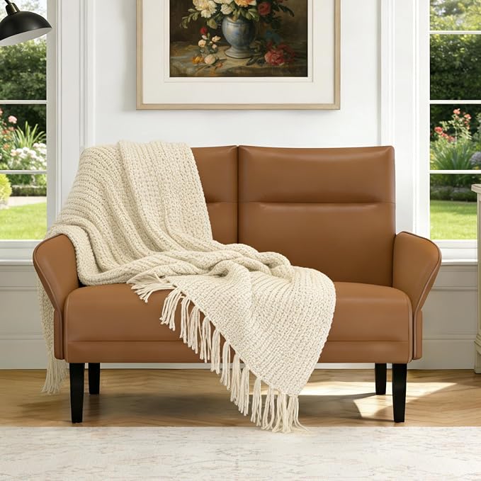 Faux Leather Loveseat with Wide Armrests, Slanted Shawl Arm 2-Seater Sofa by Tbillionnext