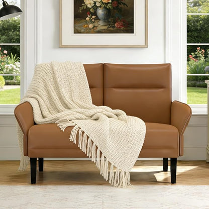Faux Leather Loveseat with Wide Armrests, Slanted Shawl Arm 2-Seater Sofa by Tbillionnext