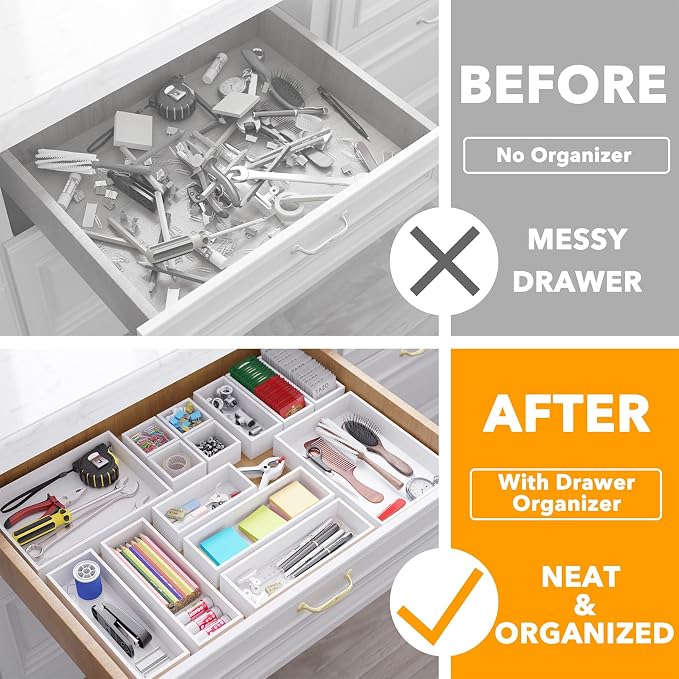 SpaceAid 14-Piece Bamboo Drawer Organizer Storage Boxes Set, Wood Tray Junk - Image 2