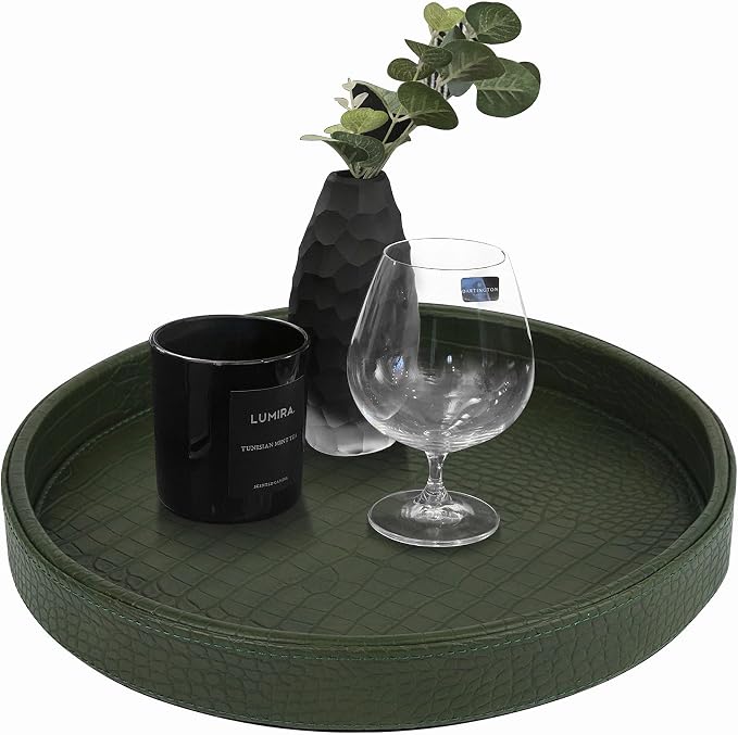 HofferRuffer Faux Leather Round Serving Tray, Vegan Croco Leather Decorative by HofferRuffer