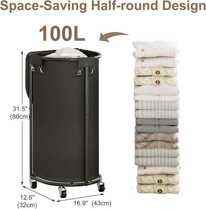 Rolling Laundry Basket with Lid, 100L Laundry Hamper with Wheels, Half Round - Image 3