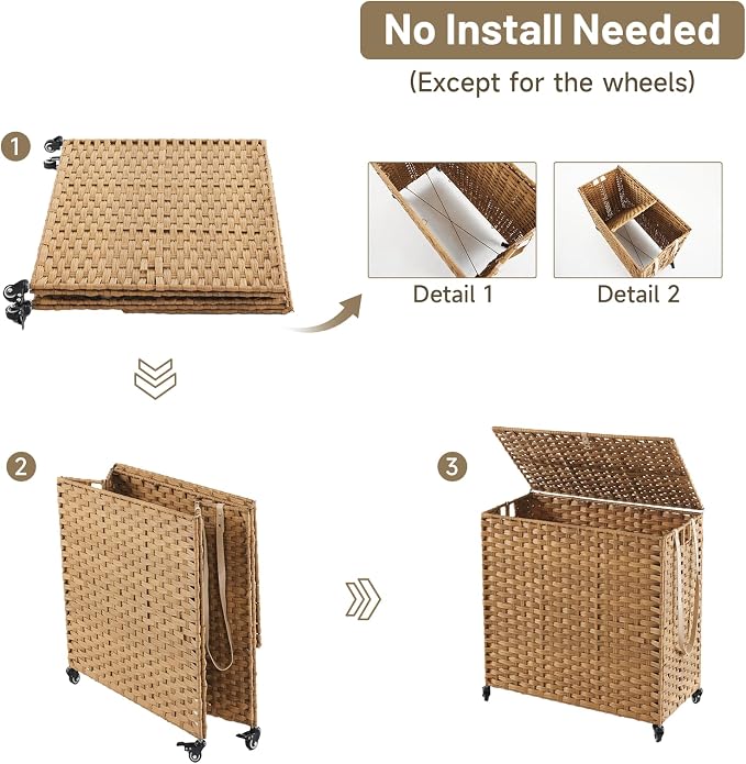 Laundry Hamper with Wheels, 39.6 Gallon Rolling Laundry Basket with Lid - Image 7