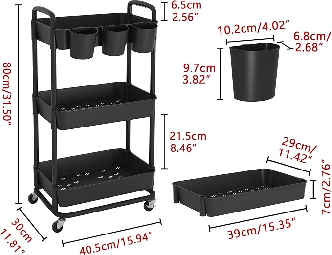 JIUYOTREE 3-Tier Plastic Rolling Storage Cart Utility Cart - Image 2