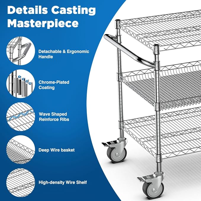 Leteuke 1120LBS Heavy Duty Rolling Utility Cart, 3 Tier Rolling Carts - Image 3