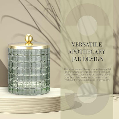 Sage Colored Tranlucent Apothecary Etched Geometric Grid Glass Jar W/Gold Metal - Image 5