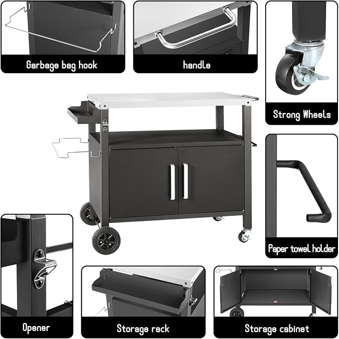 Dining Cart Table with Big Storage Cabinet, Movable Outdoor BBQ Grill Table - Image 2