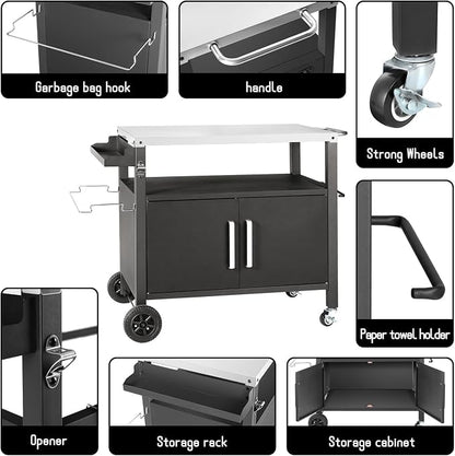 Dining Cart Table with Big Storage Cabinet, Movable Outdoor BBQ Grill Table - Image 2