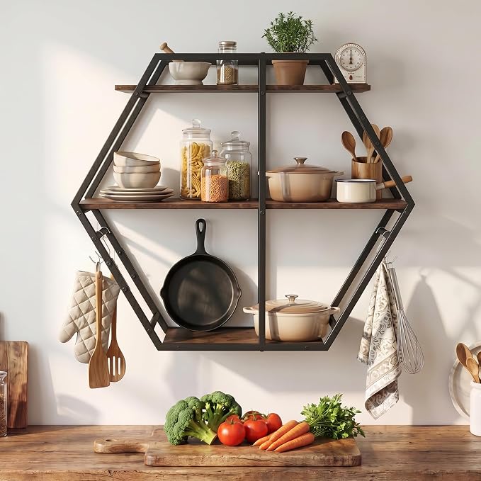 Tangkula Hexagon Wall Shelf, 3-Tier Geometric Bookcase - Image 5