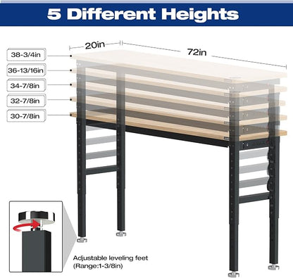 WORKPRO 72" Adjustable Workbench, 3000 LBS Load Capacity Hardwood Garage - Image 4