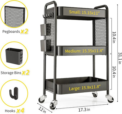 TOOLF 3 Tier Rolling Cart Storage Organizer, Metal Rolling Utility Car - Image 7