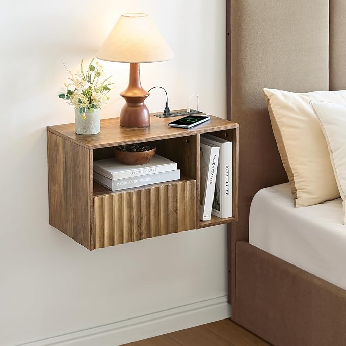 Modern Rustic Brown Fluted Floating Nightstand by BuildHom