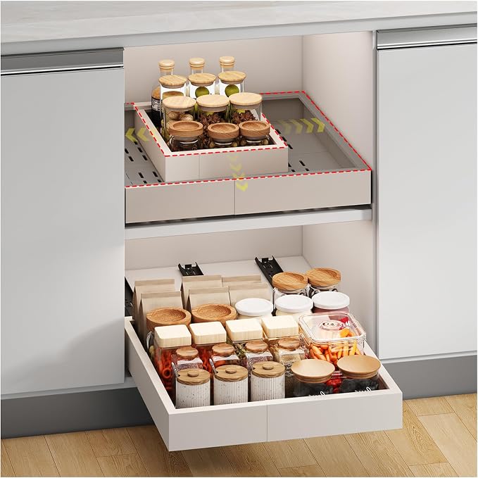 Pull out Cabinet Organizer, 3 Sliding Rails, Depth Expandable, No Drill by Fokyfok