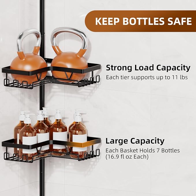 KEGII Shower Caddy Tension Pole, Rustproof Adjustable Corner Shower Organizer - Image 4