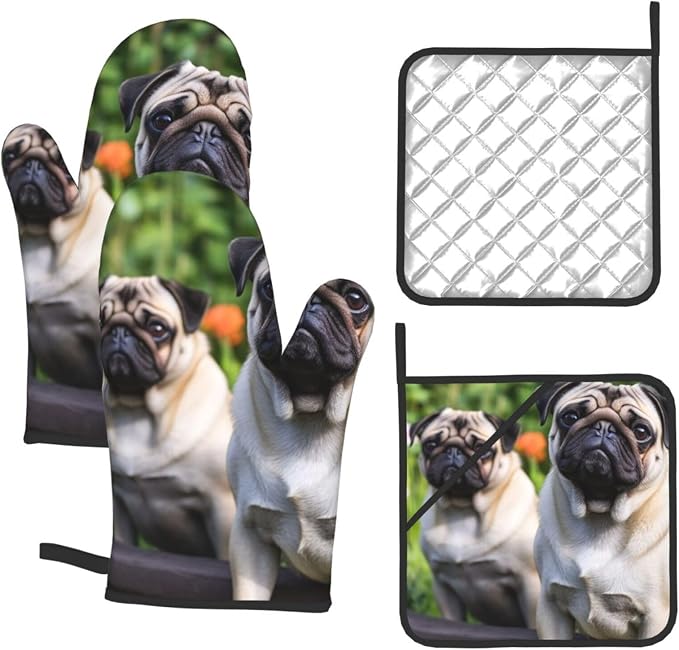 Pugs in The Garden Oven Mitts and Pot Holders 4-Piece Set, Extended Kitchen by Unknown