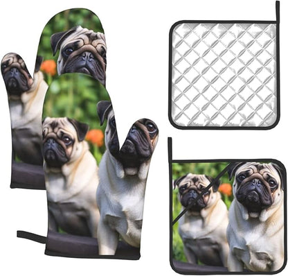 Pugs in The Garden Oven Mitts and Pot Holders 4-Piece Set, Extended Kitchen by Unknown