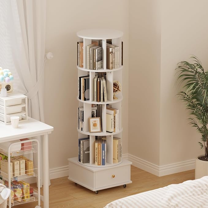 4-Tier Rotating Bookshelf with Drawers on Wheels, 360° Spinning Corner Bookcase - Image 3