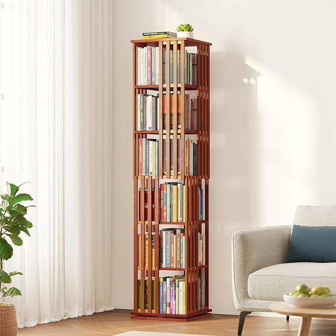 SpaceAid 6 Tier Rotating Bookshelf Tower, Bamboo Spinning Book Shelf, Revolving by SpaceAid