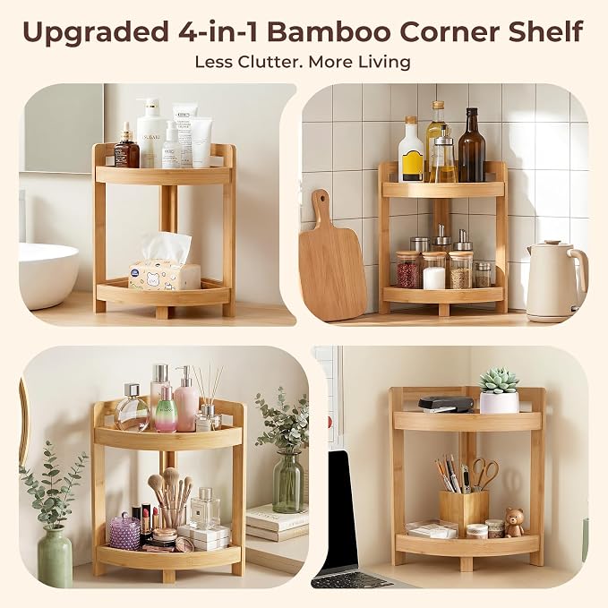 2026 New Bamboo Standing Shelf, 2 Tier Corner Shelf Stand, bathroom - Image 3