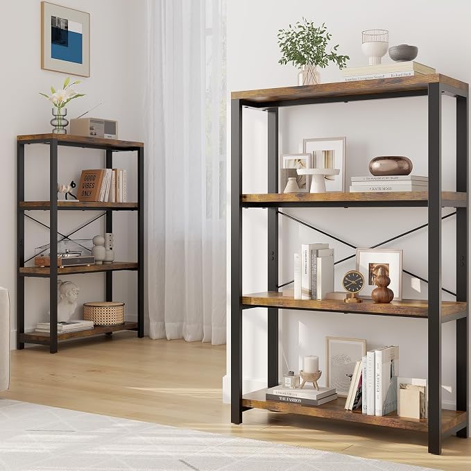 4-Tier Adjustable Heavy Duty Bookshelf, Industrial Wooden Open Storage Rack - Image 6