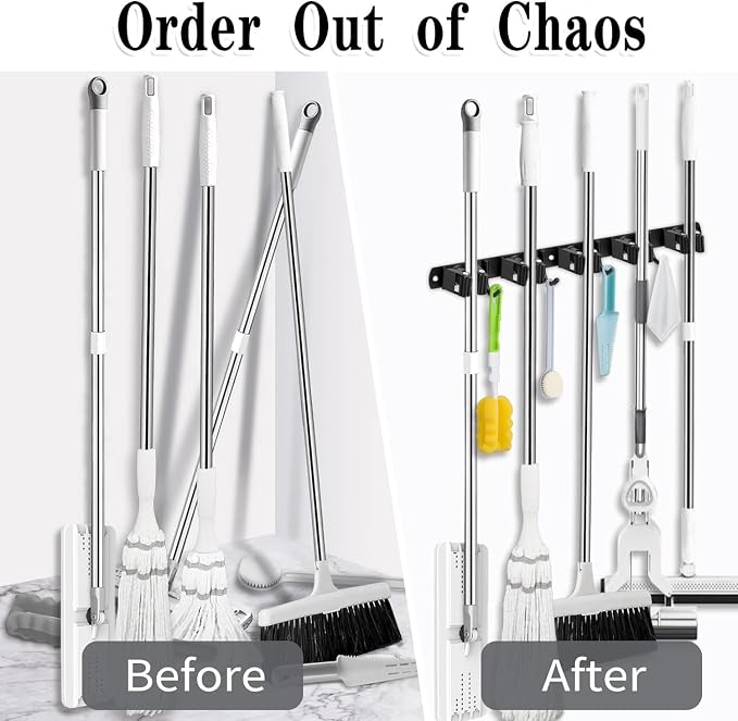Black 5 Racks and 4 Hooks Mop and Broom Holder Wall Mount, Broom Organizer - Image 5