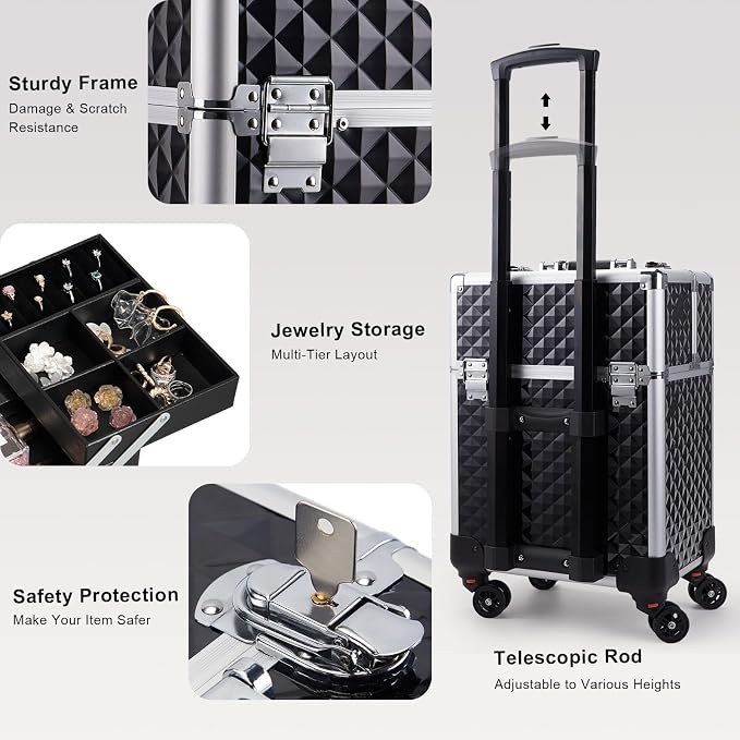 Stagiant Rolling Makeup Train Case Large Storage Cosmetic Trolley 4 Tray - Image 8