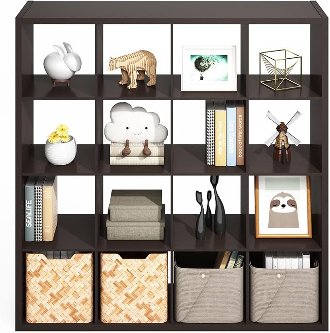 Furinno Simple 16-Cube Storage Organizer, Display Shelf, Dark Oak | Extra Thick - Image 6