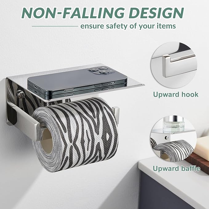 Toilet Paper Holder with Phone Shelf Polished Chrome, APLusee Bathroom - Image 4