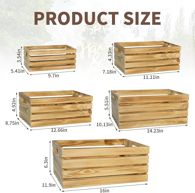 5 Pcs Wooden Crates for Display, Nesting Wood Crate for Storage, 5 Size | - Image 3