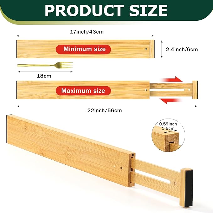 Lzerking Kitchen Drawer Dividers 6 Pack Bamboo Drawer | 17-22" Adjustable - Image 2