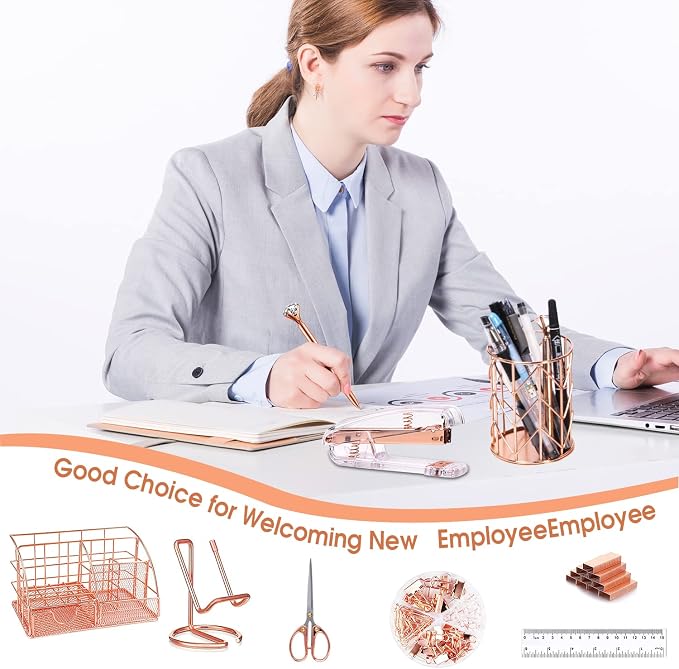 KAAKOW Rose Gold Desk Organizers and Accessories Office Supplies Set Stapler - Image 8