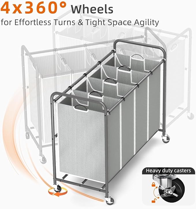 ROMOON Laundry Hamper Sorter Cart: 4-Section Organizer - Image 6