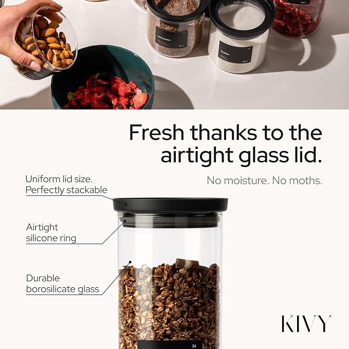 KIVY Airtight Glass Jars with Lids & Labels Stackable Glass storage jars with - Image 7